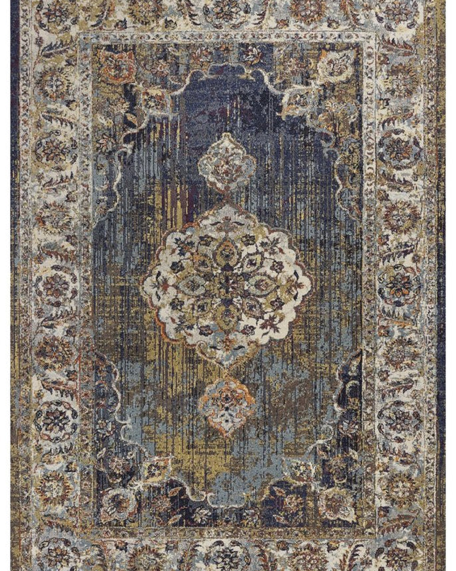 5' X 8' Navy Blue Gold And Ivory Medallion Area Rug