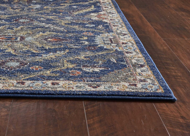 5' X 8' Royal Blue Gold And Gray Medallion Area Rug