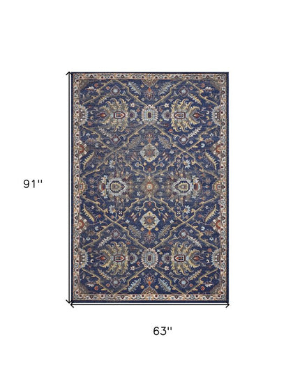 5' X 8' Royal Blue Gold And Gray Medallion Area Rug