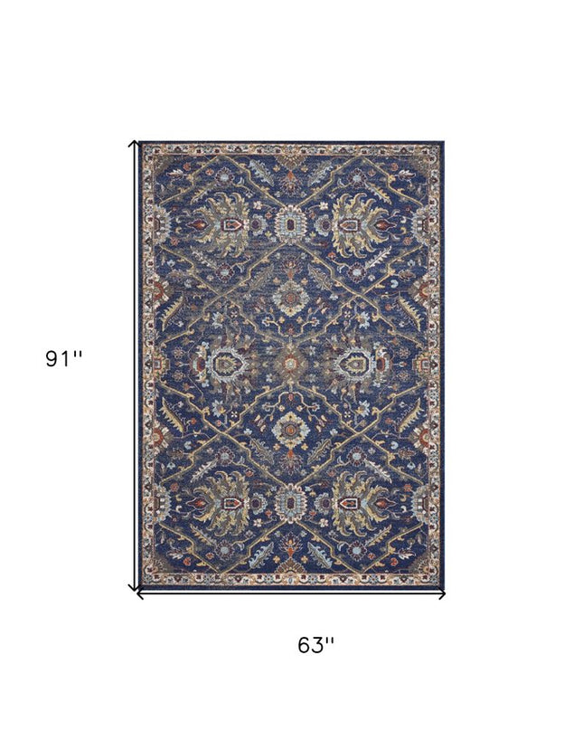 5' X 8' Royal Blue Gold And Gray Medallion Area Rug