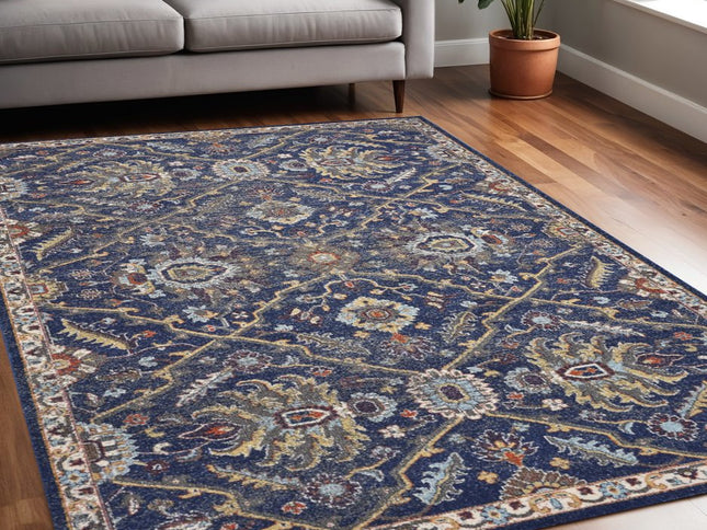 5' X 8' Royal Blue Gold And Gray Medallion Area Rug