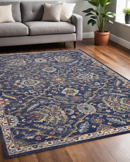 5' X 8' Royal Blue Gold And Gray Medallion Area Rug