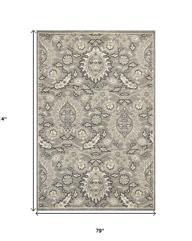 7' X 9' Gray And Ivory Floral Medallion Area Rug With UV Protection