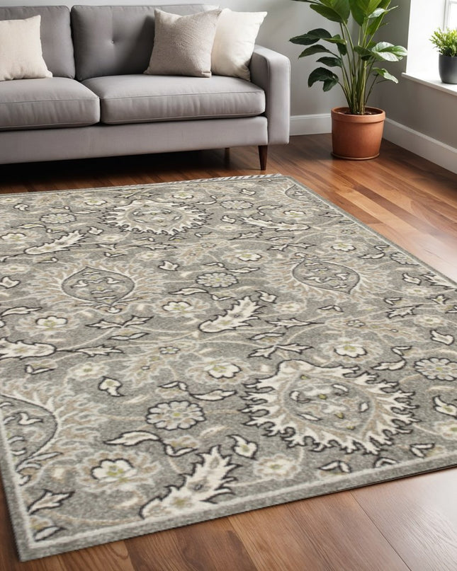 7' X 9' Gray And Ivory Floral Medallion Area Rug With UV Protection