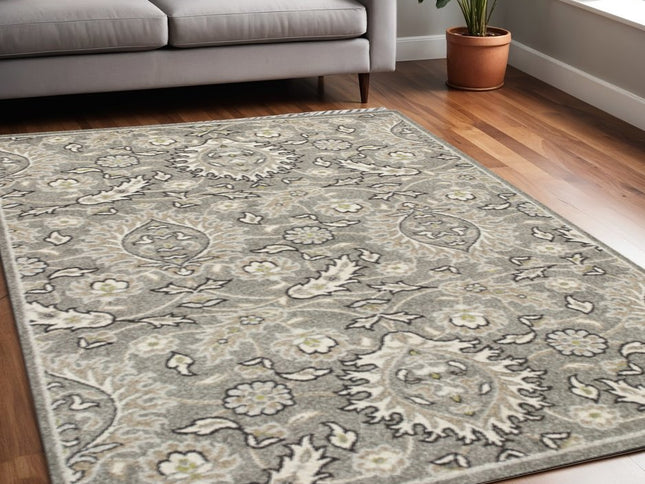 7' X 9' Gray And Ivory Floral Medallion Area Rug With UV Protection