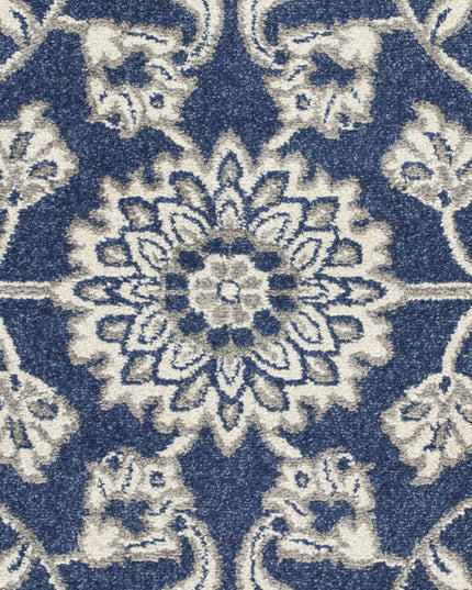7' X 9' Blue And Ivory Floral Medallion Area Rug
