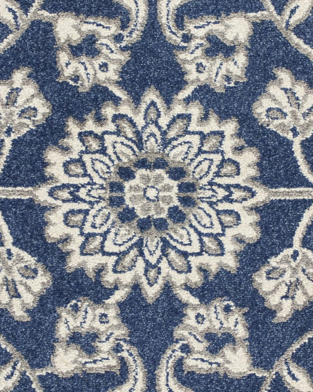 7' X 9' Blue And Ivory Floral Medallion Area Rug