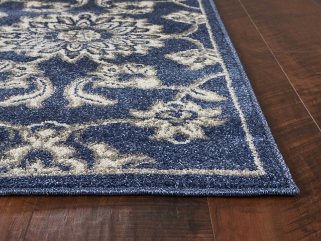 7' X 9' Blue And Ivory Floral Medallion Area Rug