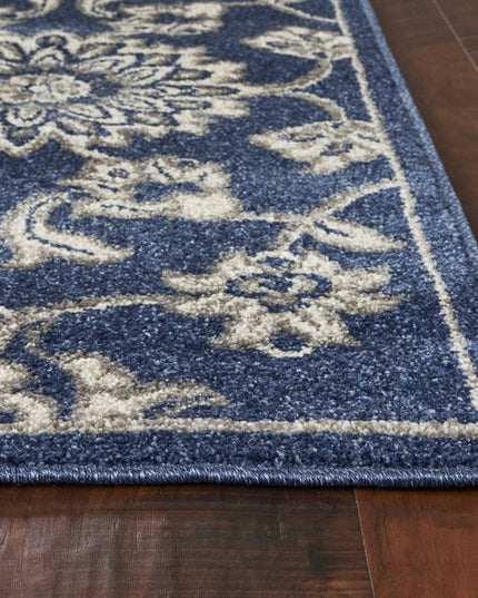 7' X 9' Blue And Ivory Floral Medallion Area Rug