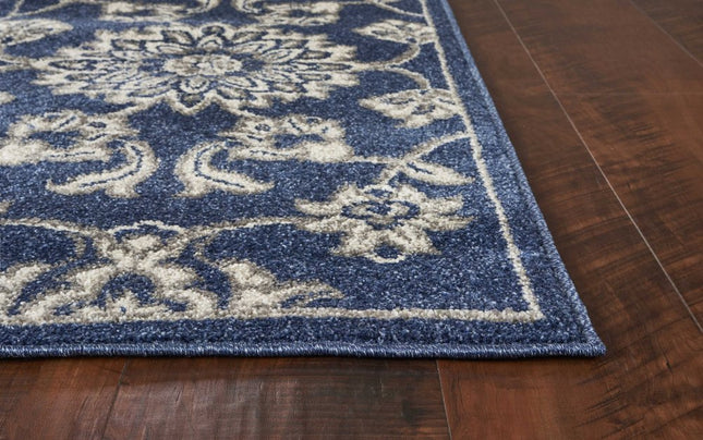 7' X 9' Blue And Ivory Floral Medallion Area Rug