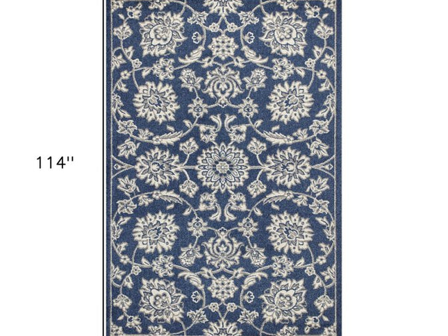 7' X 9' Blue And Ivory Floral Medallion Area Rug