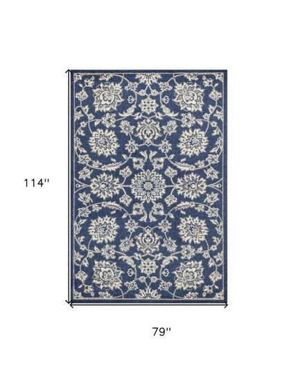 7' X 9' Blue And Ivory Floral Medallion Area Rug