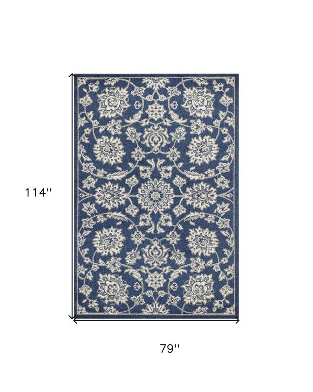 7' X 9' Blue And Ivory Floral Medallion Area Rug