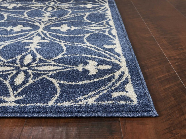 7' X 9' Blue And Ivory Floral Medallion Area Rug