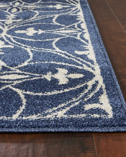 7' X 9' Blue And Ivory Floral Medallion Area Rug