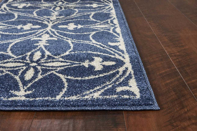7' X 9' Blue And Ivory Floral Medallion Area Rug