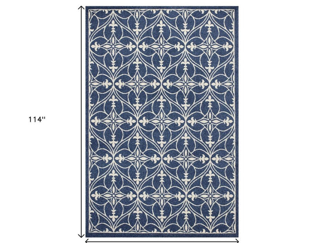 7' X 9' Blue And Ivory Floral Medallion Area Rug