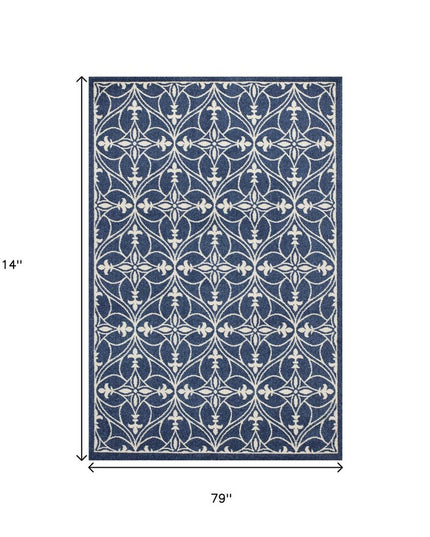 7' X 9' Blue And Ivory Floral Medallion Area Rug