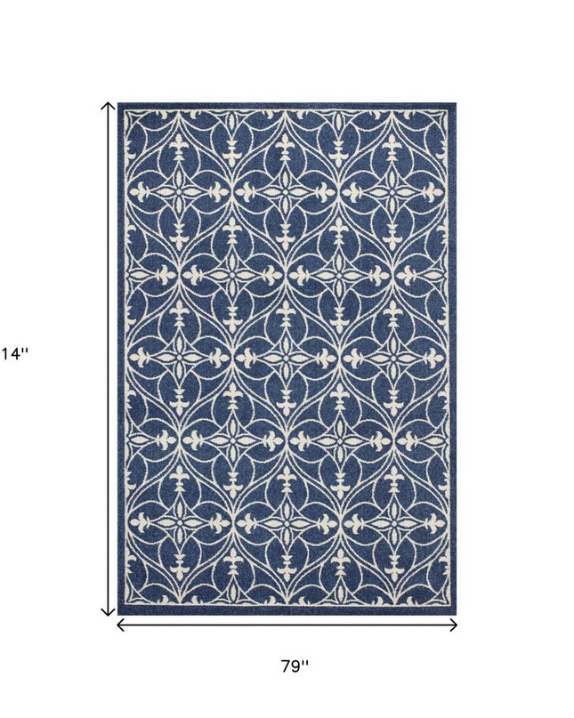 7' X 9' Blue And Ivory Floral Medallion Area Rug