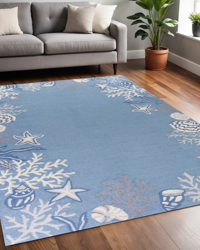 5' X 8' Blue Gray And White Fish and Coral Hand Tufted Area Rug