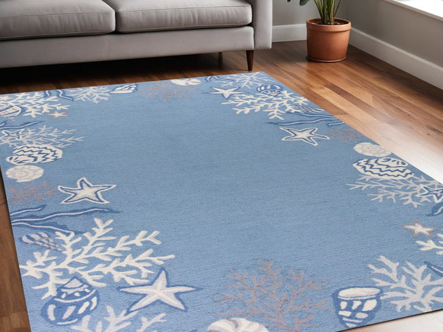 5' X 8' Blue Gray And White Fish and Coral Hand Tufted Area Rug