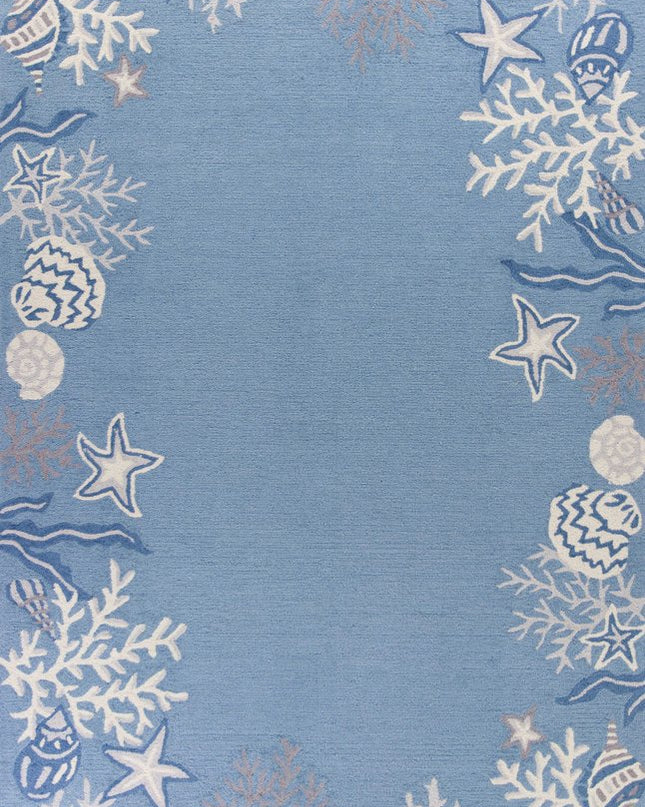 5' X 8' Blue Gray And White Fish and Coral Hand Tufted Area Rug