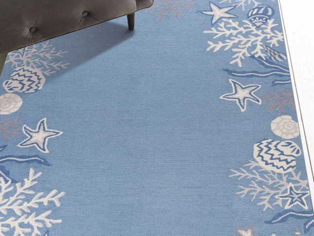 5' X 8' Blue Gray And White Fish and Coral Hand Tufted Area Rug