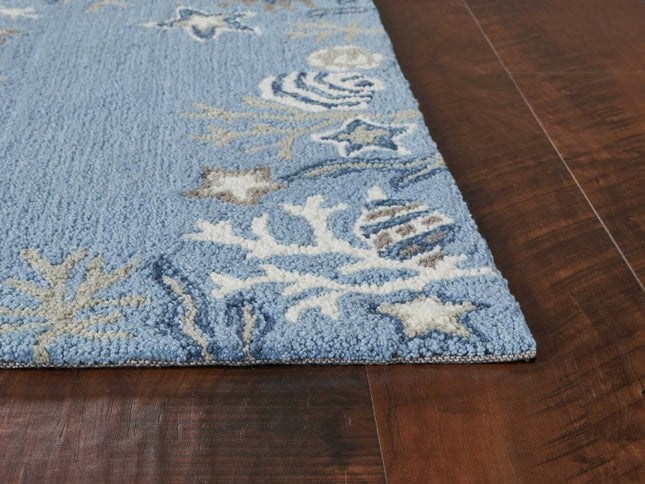 5' X 8' Blue Gray And White Fish and Coral Hand Tufted Area Rug