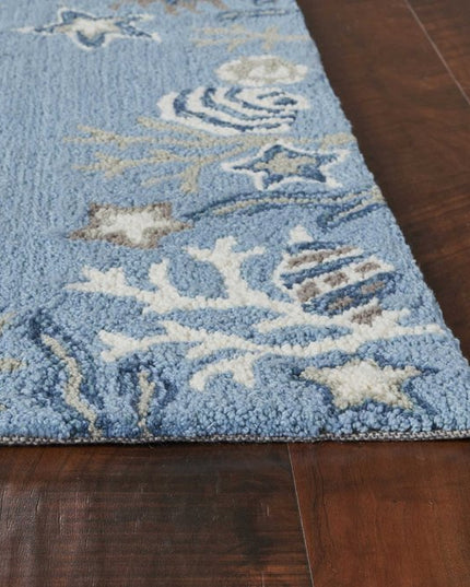 5' X 8' Blue Gray And White Fish and Coral Hand Tufted Area Rug