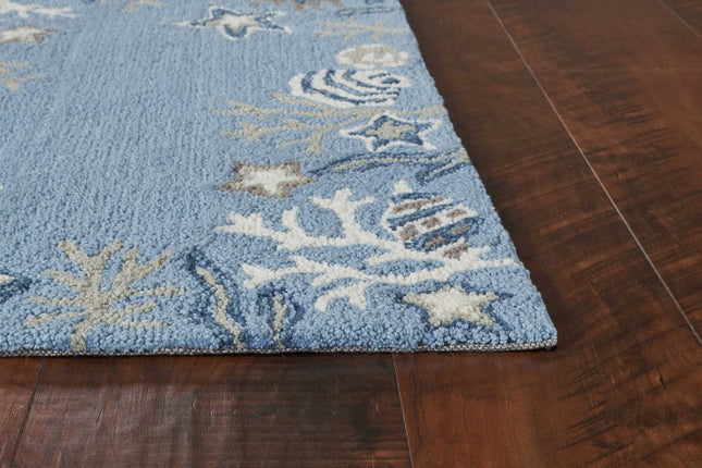 5' X 8' Blue Gray And White Fish and Coral Hand Tufted Area Rug
