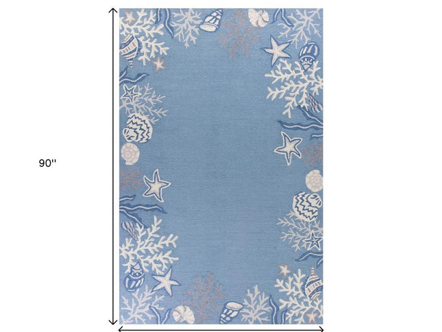 5' X 8' Blue Gray And White Fish and Coral Hand Tufted Area Rug