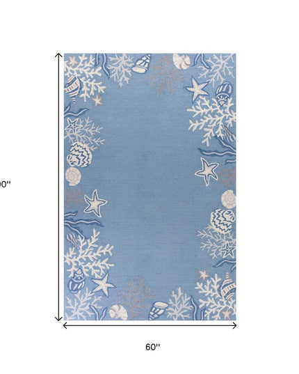 5' X 8' Blue Gray And White Fish and Coral Hand Tufted Area Rug