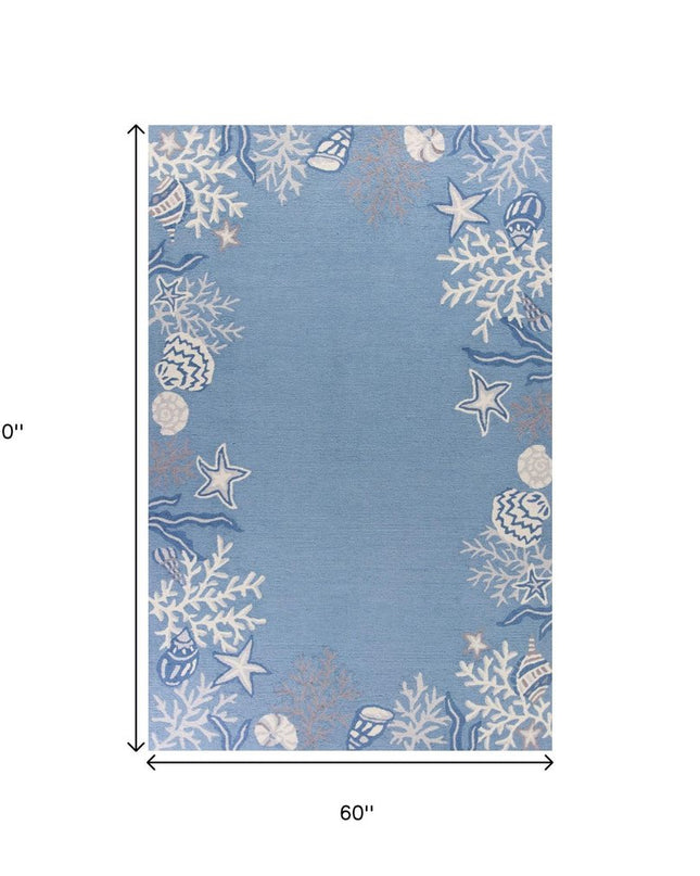 5' X 8' Blue Gray And White Fish and Coral Hand Tufted Area Rug