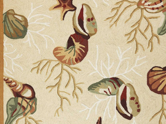 7' X 9' Beige Green And Brown Seashell and Coral Hand Tufted Area Rug