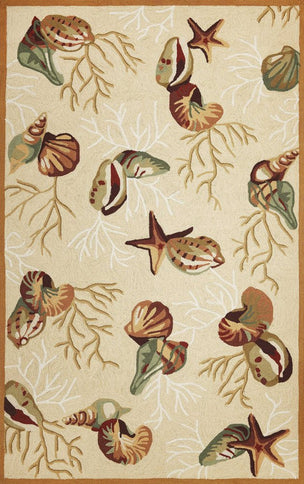 7' X 9' Beige Green And Brown Seashell and Coral Hand Tufted Area Rug