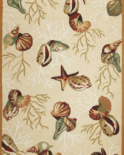 7' X 9' Beige Green And Brown Seashell and Coral Hand Tufted Area Rug