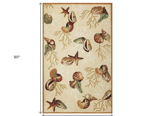 7' X 9' Beige Green And Brown Seashell and Coral Hand Tufted Area Rug