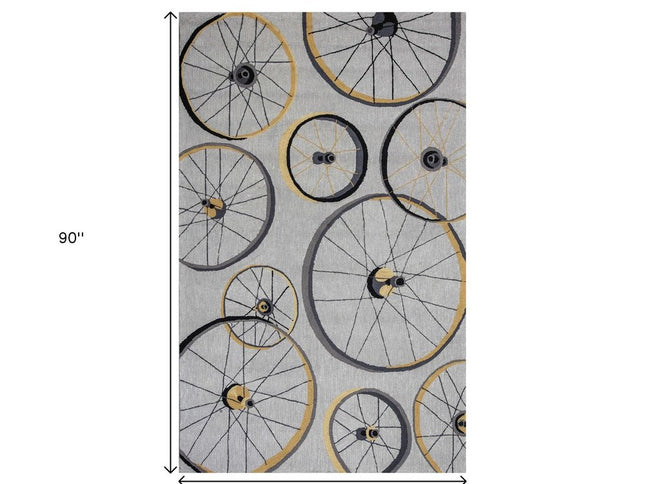 5' X 8' Gray Black And Yellow Abstract Geometric Hand Hooked Area Rug