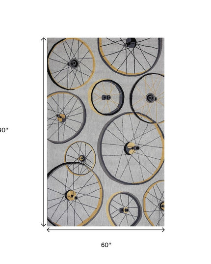 5' X 8' Gray Black And Yellow Abstract Geometric Hand Hooked Area Rug