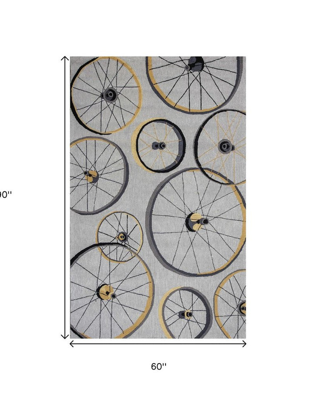 5' X 8' Gray Black And Yellow Abstract Geometric Hand Hooked Area Rug