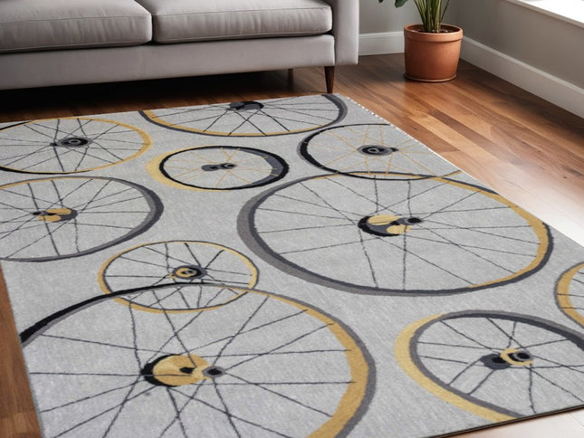 5' X 8' Gray Black And Yellow Abstract Geometric Hand Hooked Area Rug