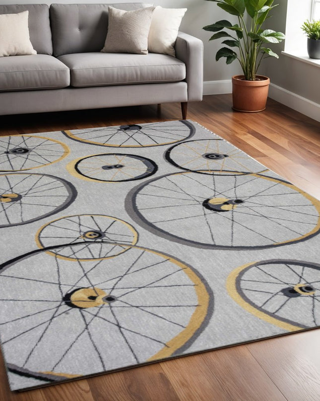 5' X 8' Gray Black And Yellow Abstract Geometric Hand Hooked Area Rug