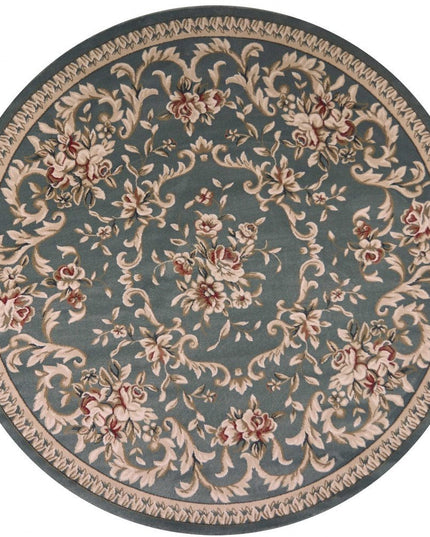 8' Slate Blue Red And Ivory Floral Medallion Round Rug