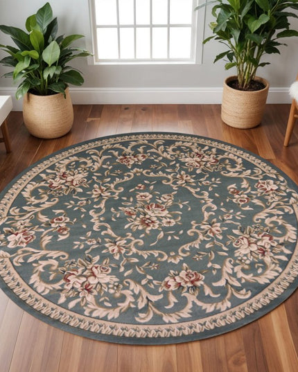 8' Slate Blue Red And Ivory Floral Medallion Round Rug