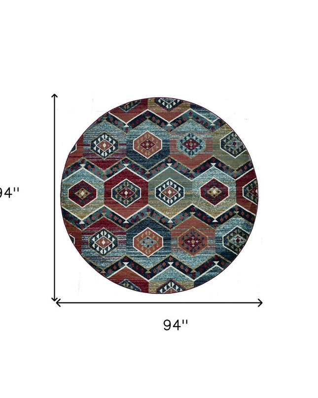 7' Red And Blue Geometric Round Rug