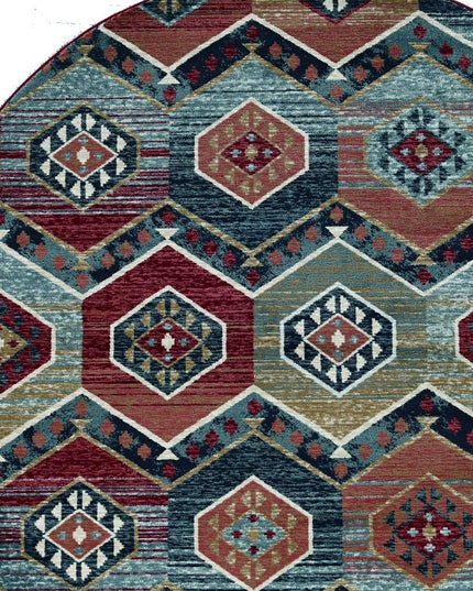 7' Red And Blue Geometric Round Rug