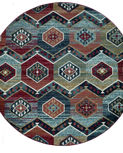 7' Red And Blue Geometric Round Rug