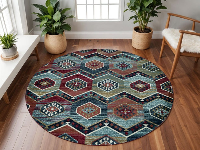 7' Red And Blue Geometric Round Rug