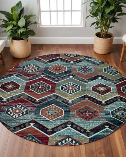 7' Red And Blue Geometric Round Rug