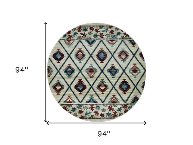 8' Ivory Blue And Red Geometric Round Rug